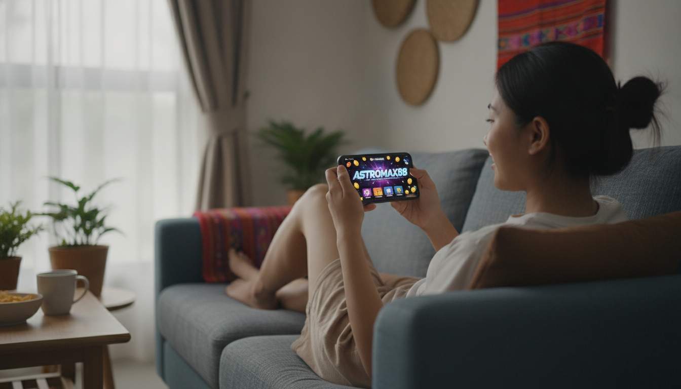 Woman using ASTROMAX88 mobile app