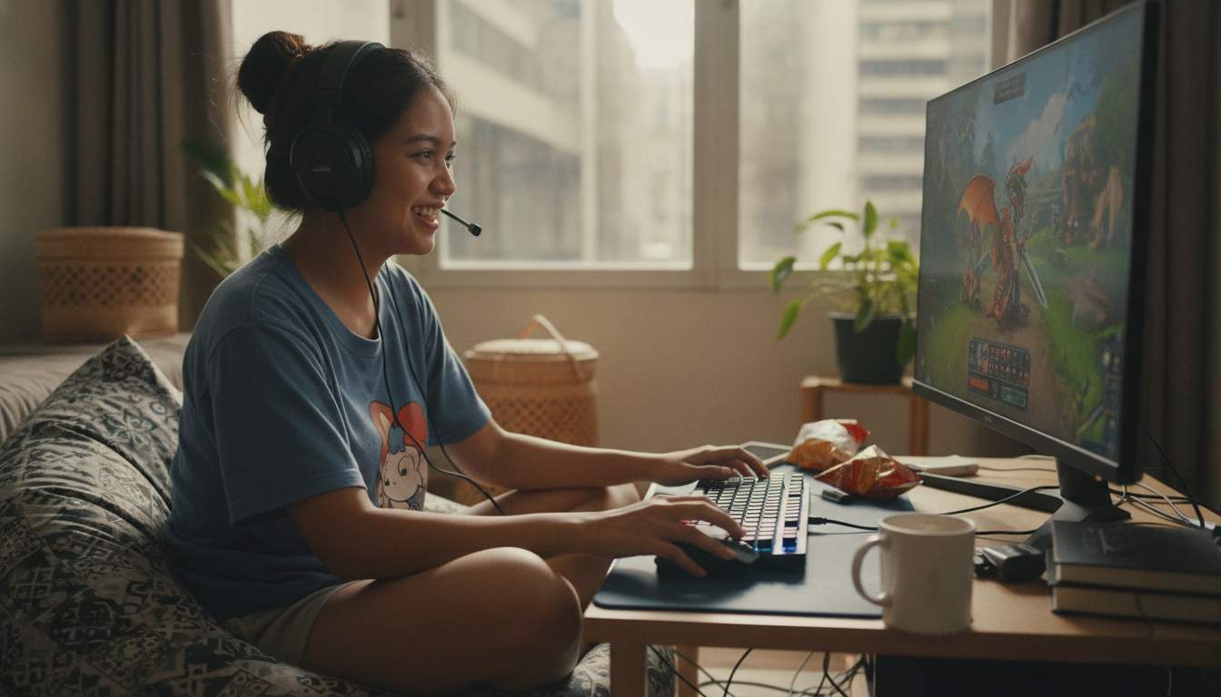 Excited Filipino woman enjoying online gaming