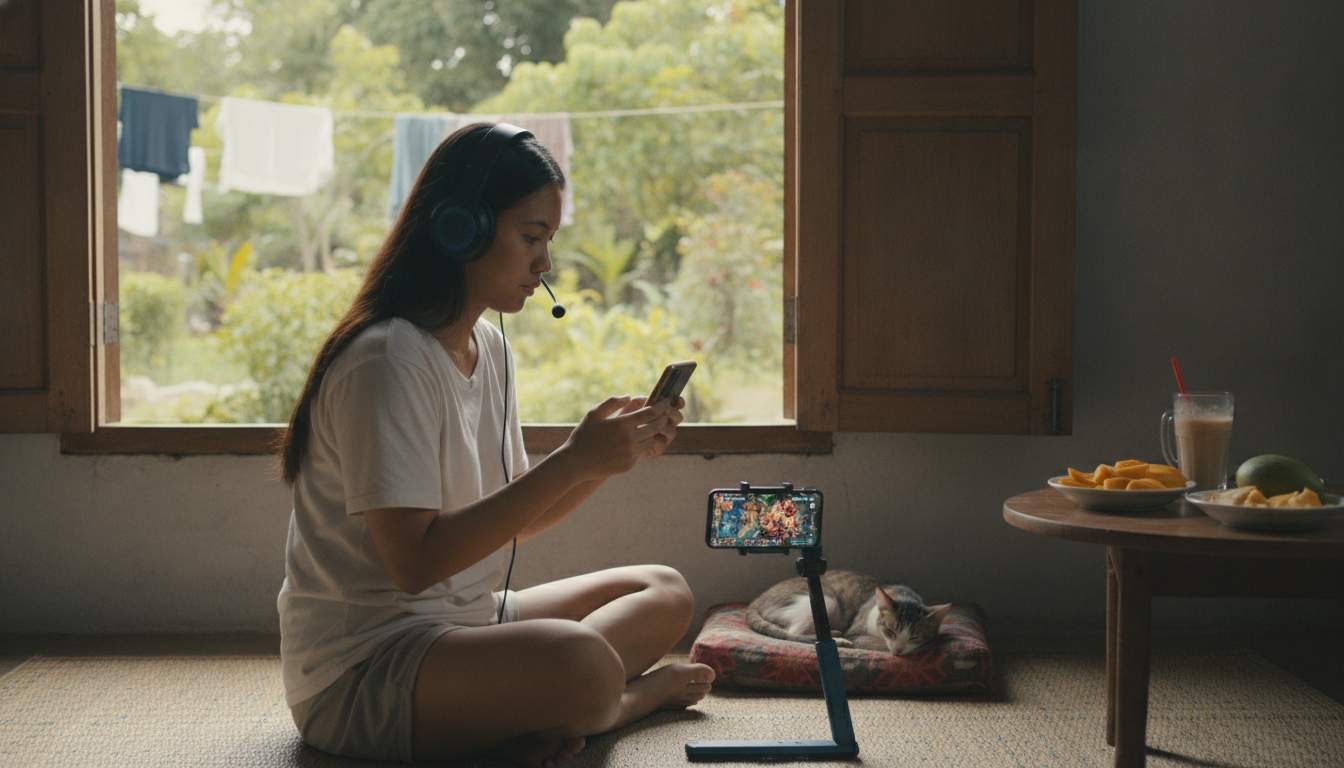 A woman enjoying online gaming in a casual setting