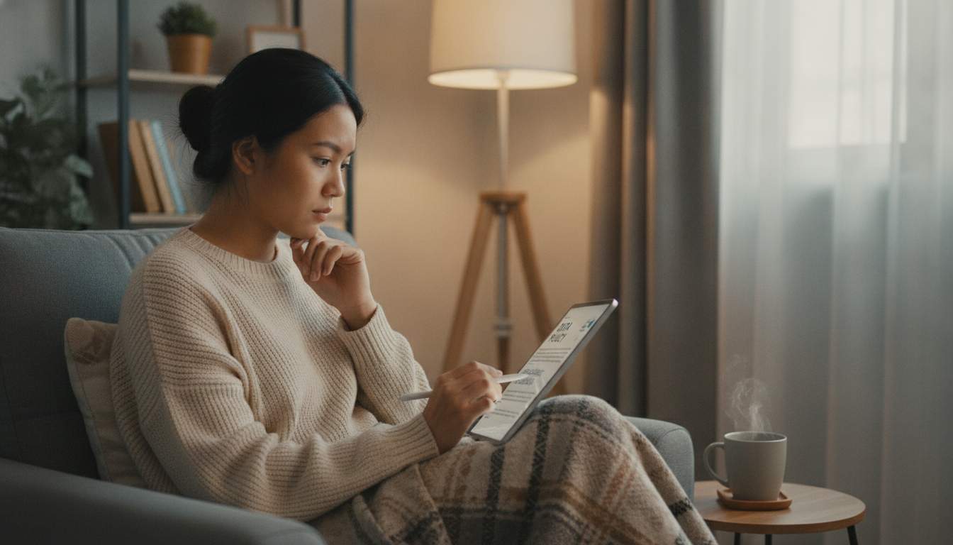 Filipino woman reviewing privacy policy