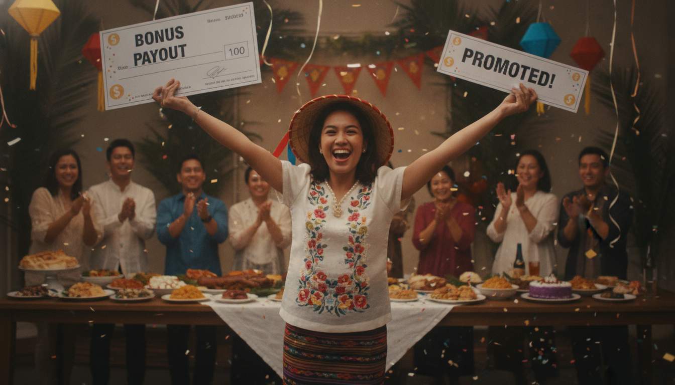 Filipino woman celebrating bonuses